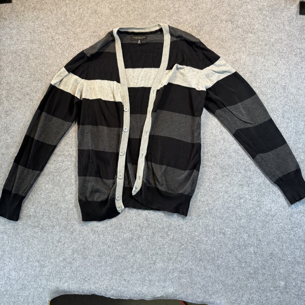 Twentyone Men Striped Cardigan Large Black‎ Grey Cotton Button Up Sweater